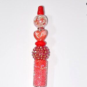Red White Heart Beaded Ballpoint Ink Pen Sparkly
